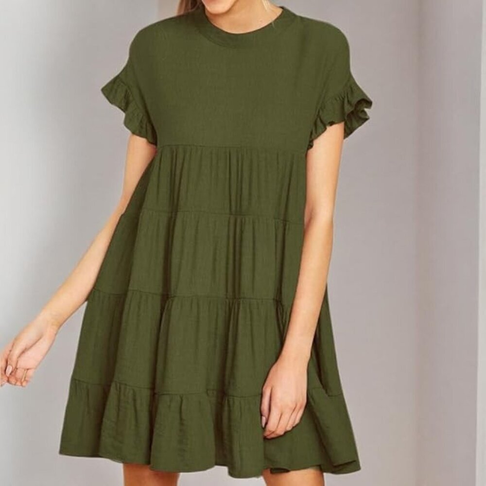 Round Neck Swing Mini Dress (XL) (Color: Army Green)